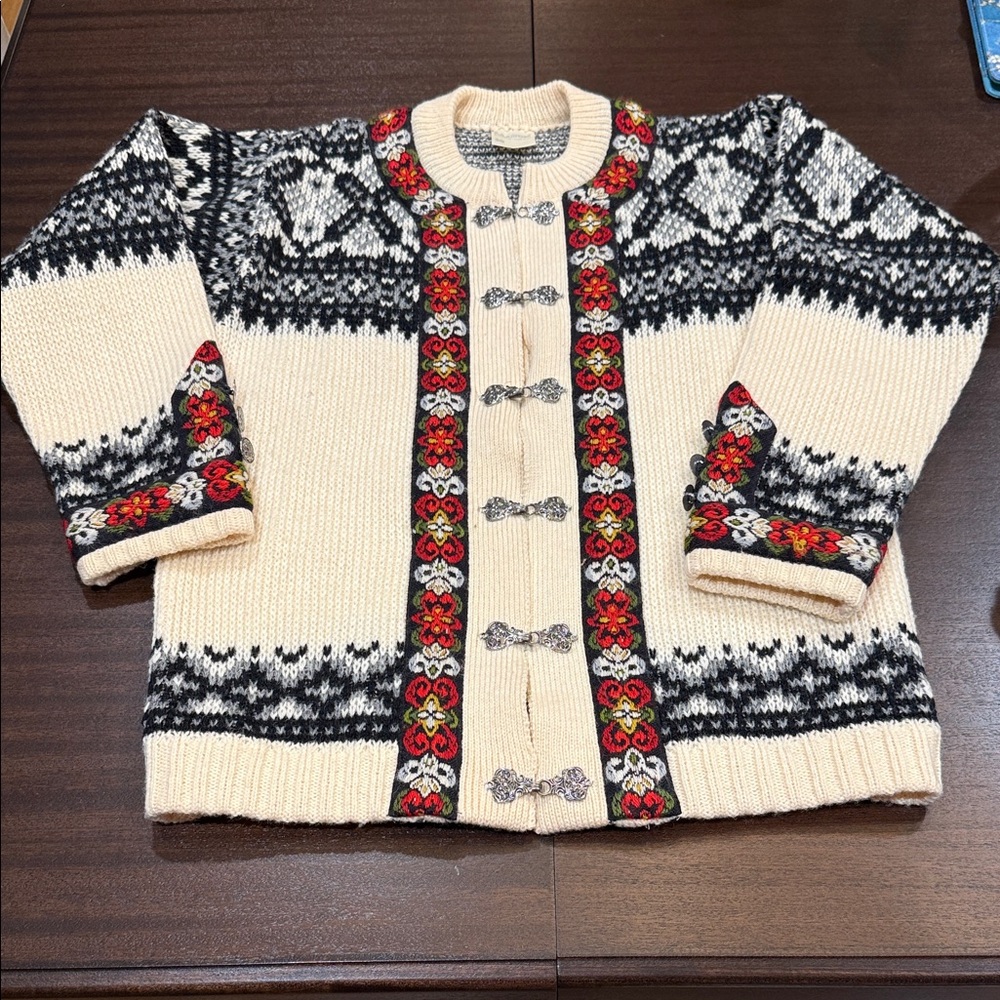Vintage A.s. Evebofoss Cream & Black Nordic Cardigan w/ Embroidery Accents sz 38